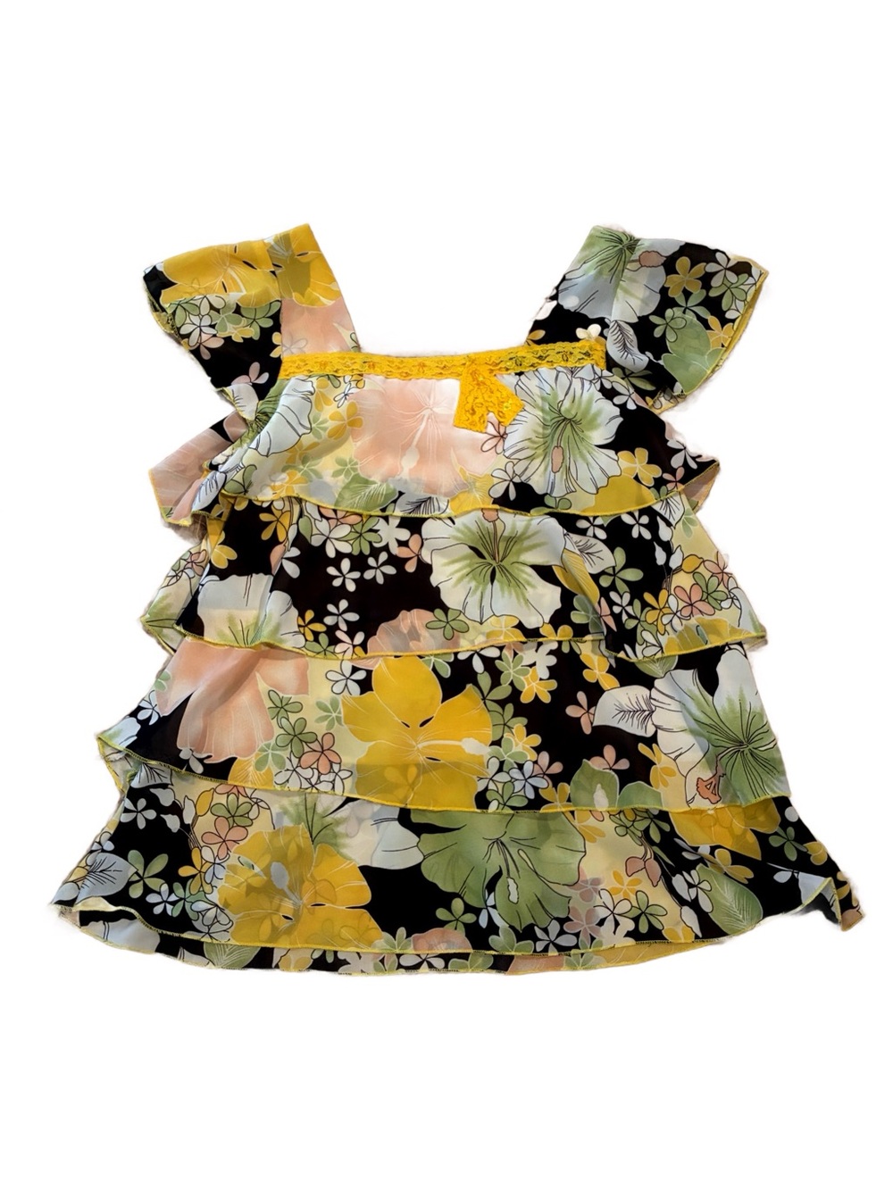 Tiered Floral Ruffle Tank Top - Black, Yellow, Green, Y2K Style